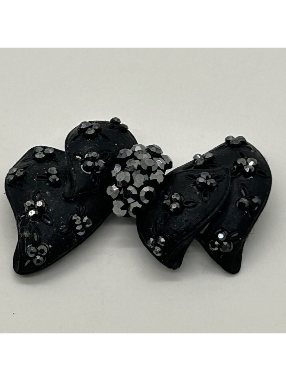 Black Rhinestone Bow Brooch Pin Floral Details Crystals Vintage Mourning Ribbon